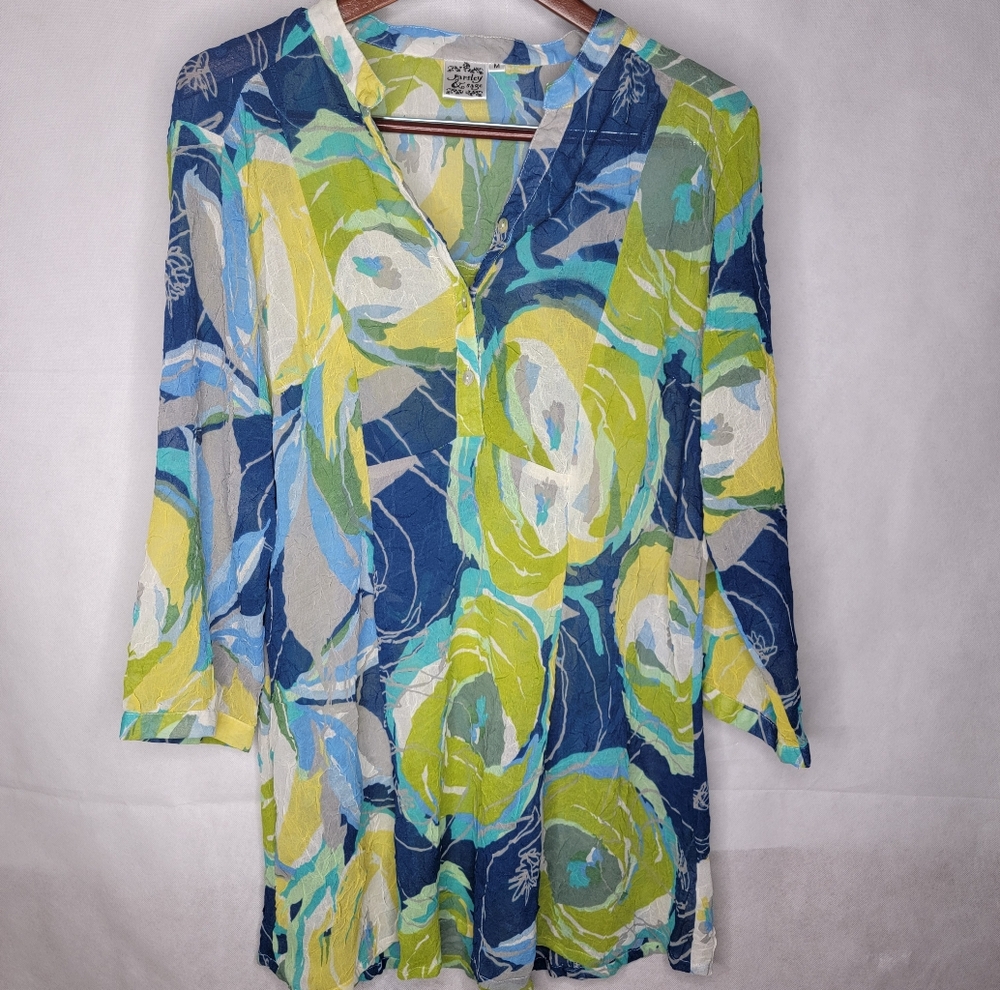 Parsley & Sage Watercolor Floral Tunic Top Blue Green Crinkle 3/4 Sleeve M